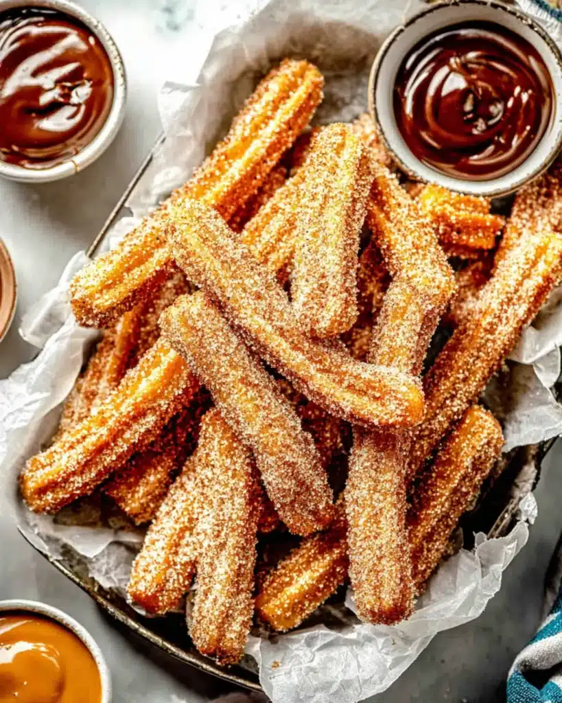 Pile of crispy churros in a tray lined with parchment paper and served with sauces