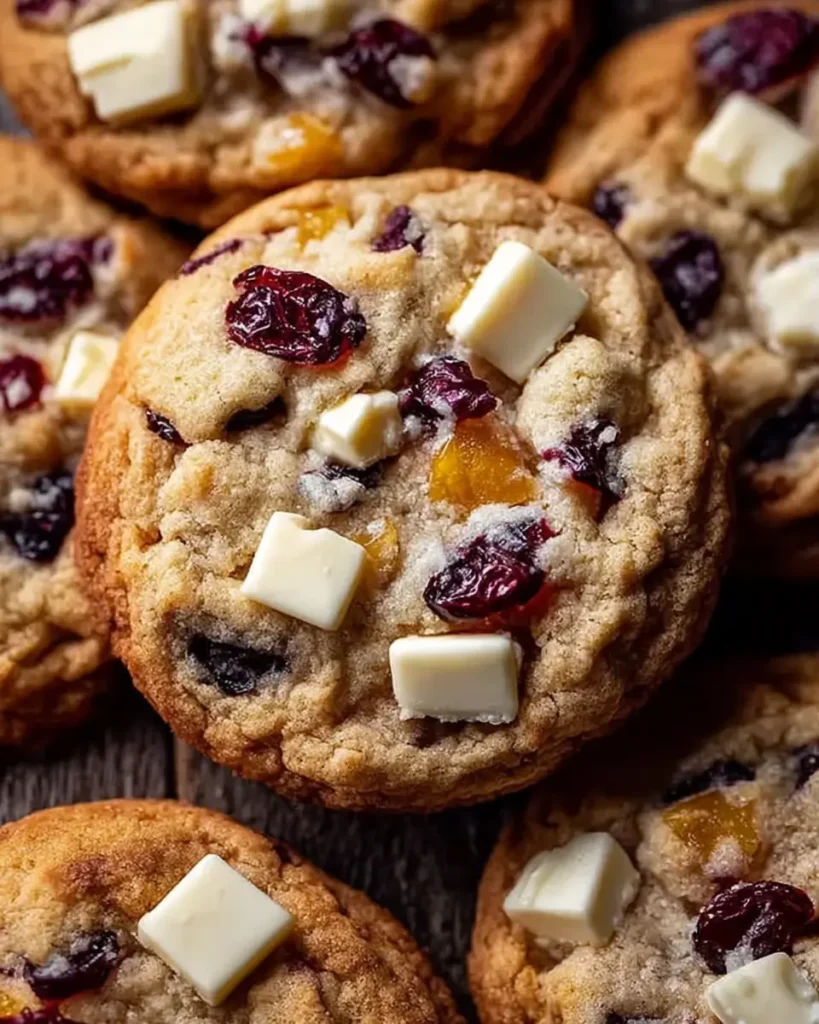 Homemade cookies with dried cranberries and white chocolate chunks showing soft and chewy texture