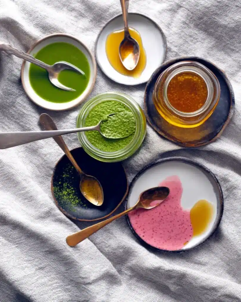 Small bowls of green, golden, and pink homemade dressings with spoons