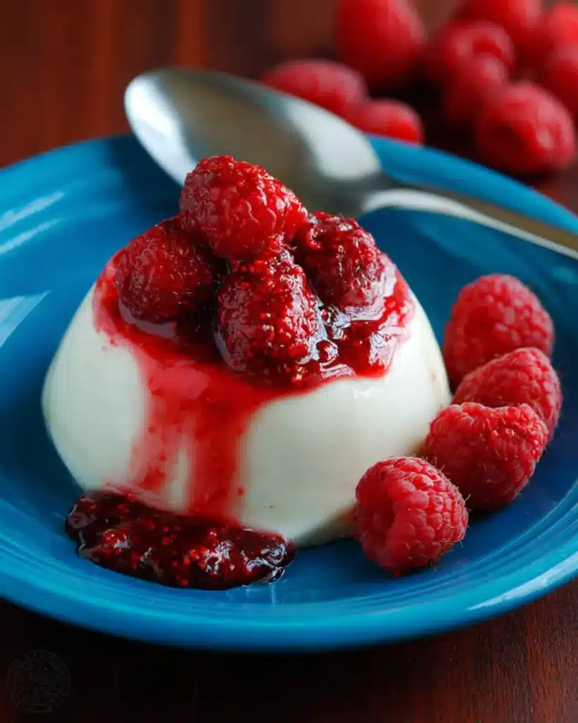 Vanilla panna cotta with raspberry sauce on a blue plate and fresh berries