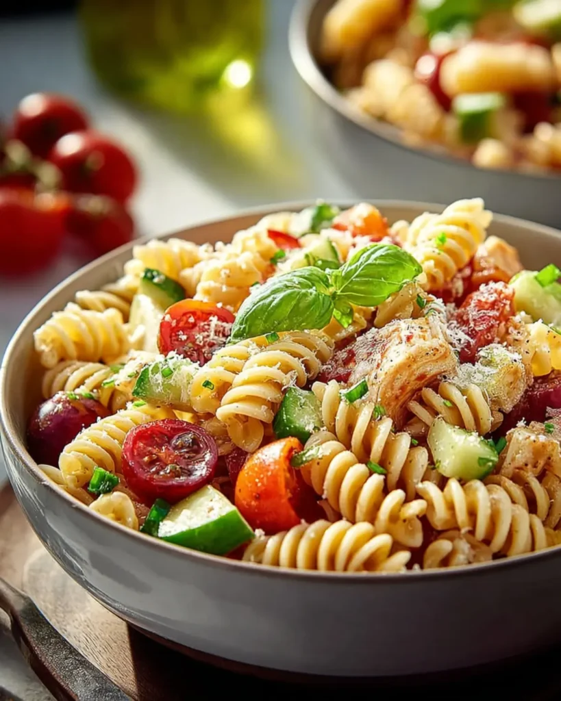 Homemade pasta salad with rotini, cucumber, cherry tomatoes and basil in a serving bowl