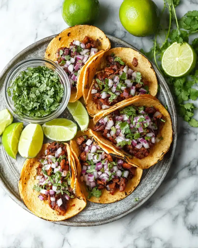 Soft tortillas filled with seasoned meat, topped with diced onions and fresh herbs on a ceramic plate