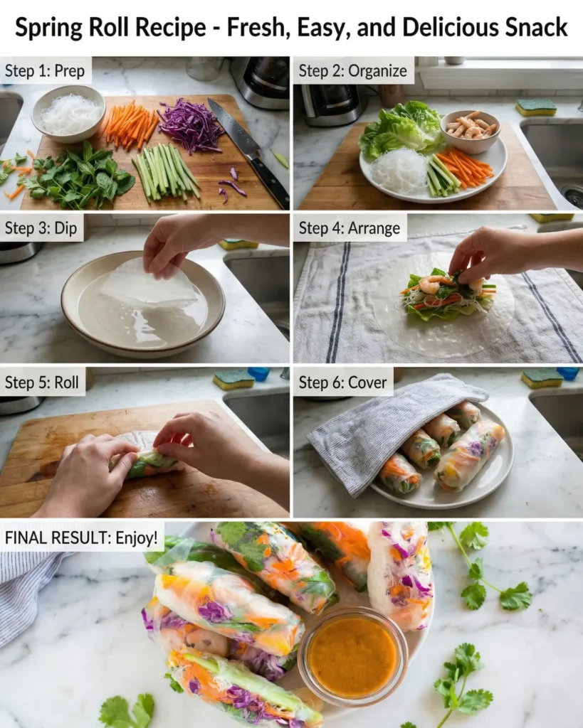 Step by step process of making fresh rolls from preparation to final result