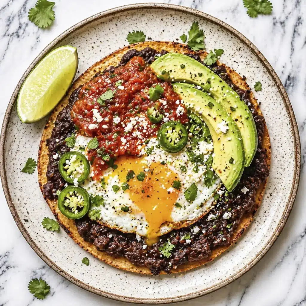 Huevos rancheros recipe with fried egg, avocado slices, black beans, and salsa on crispy corn tortilla