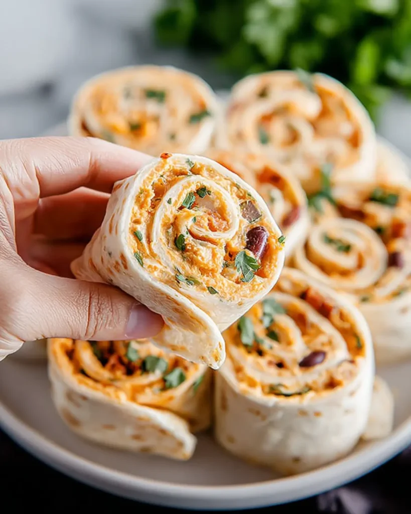 Hand holding a sliced tortilla roll with creamy filling in focus