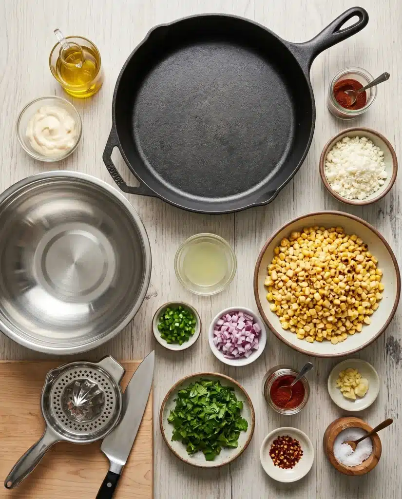 Overhead view of ingredients and tools arranged for making corn salad including skillet, mixing bowl, corn, herbs, and spices