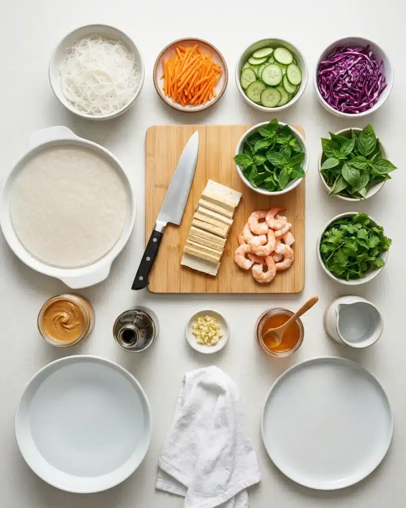 Ingredients for fresh rolls including vegetables noodles shrimp herbs and dipping sauce