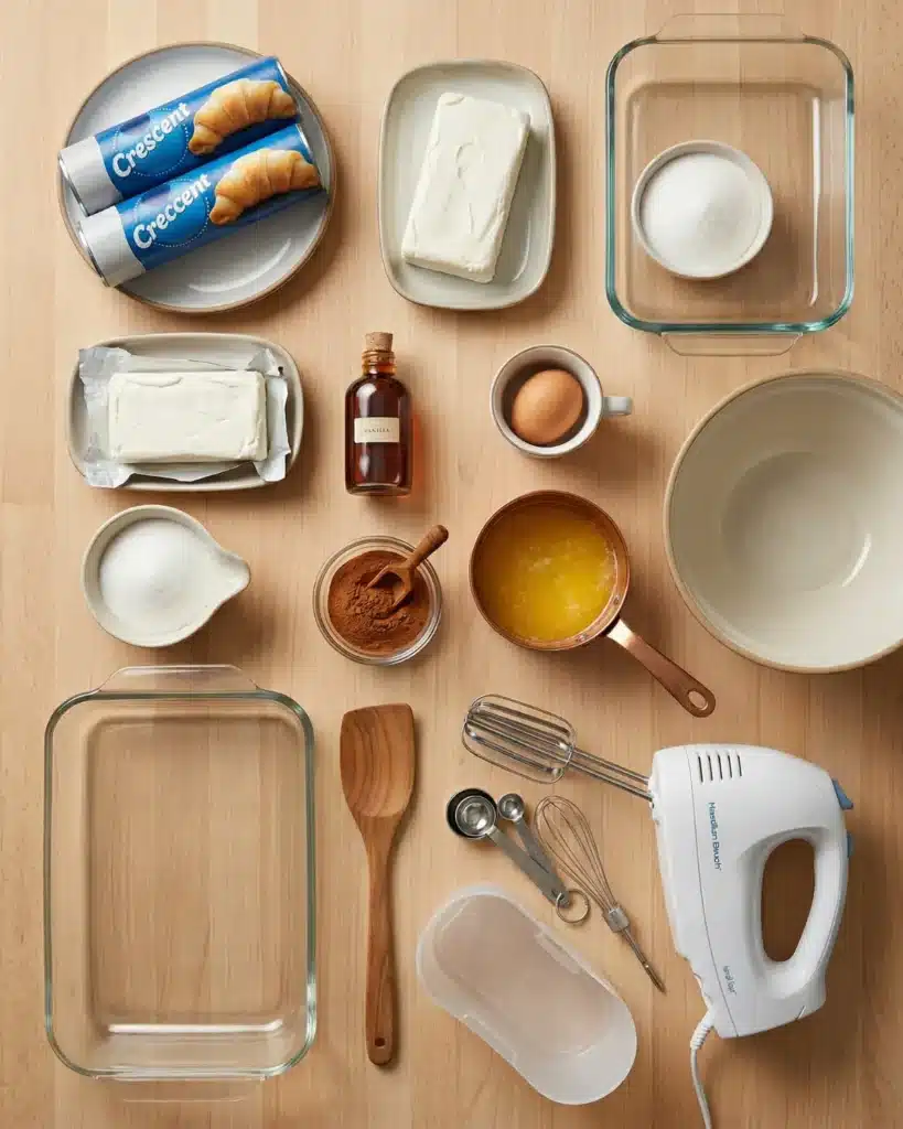 Baking ingredients arranged neatly including cream cheese dough cinnamon sugar and tools