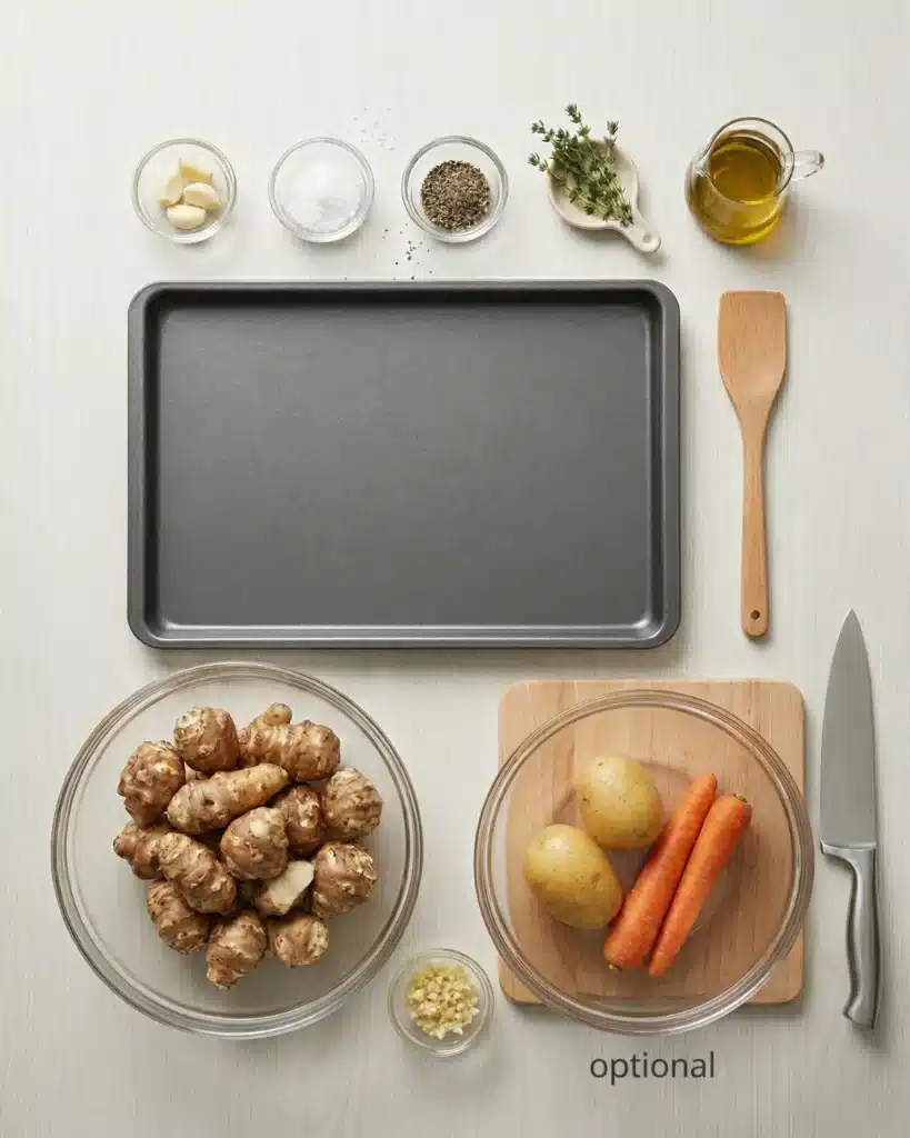 Fresh sunchokes with garlic olive oil thyme and optional vegetables arranged neatly for cooking preparation