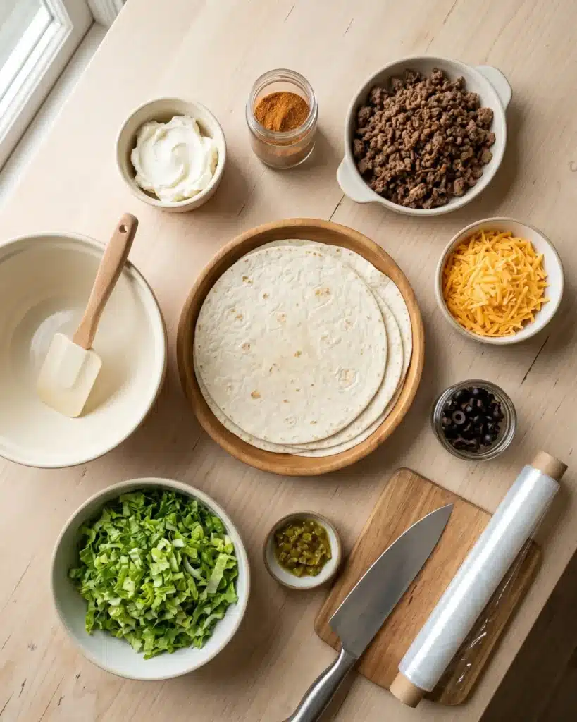 Ingredients arranged on a table including tortillas, cheese, vegetables, and seasoning
