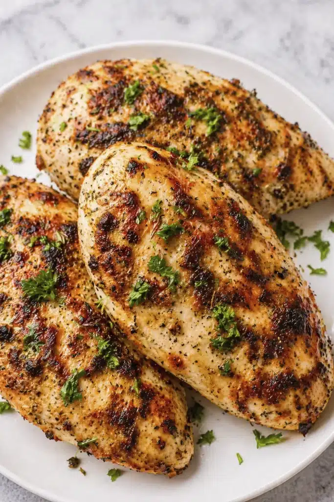 Juicy air fryer chicken breasts plated with herbs showing golden crust and tender texture