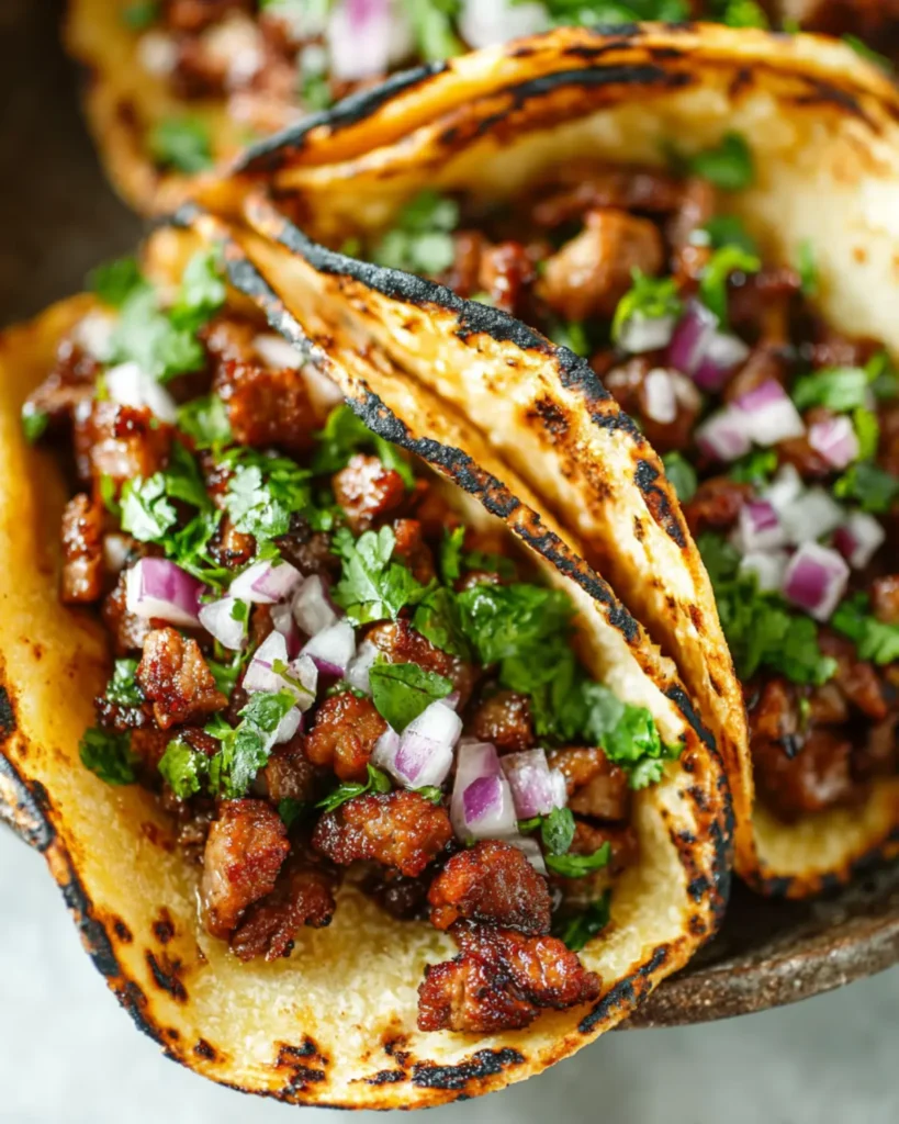 Close up of taco with grilled meat, cilantro, and chopped red onions in a toasted tortilla