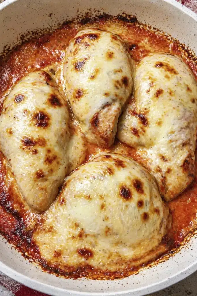 Longhorn Steakhouse Parmesan Chicken baked with melted cheese and golden top in oven dish