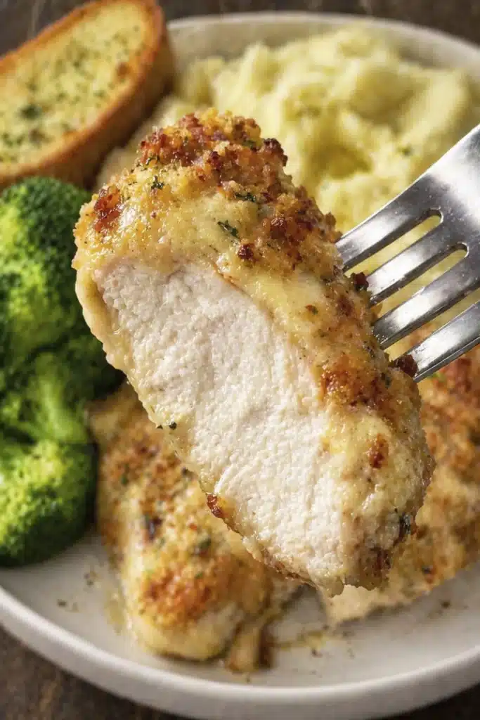Longhorn Steakhouse Parmesan Chicken served with mashed potatoes broccoli and garlic bread