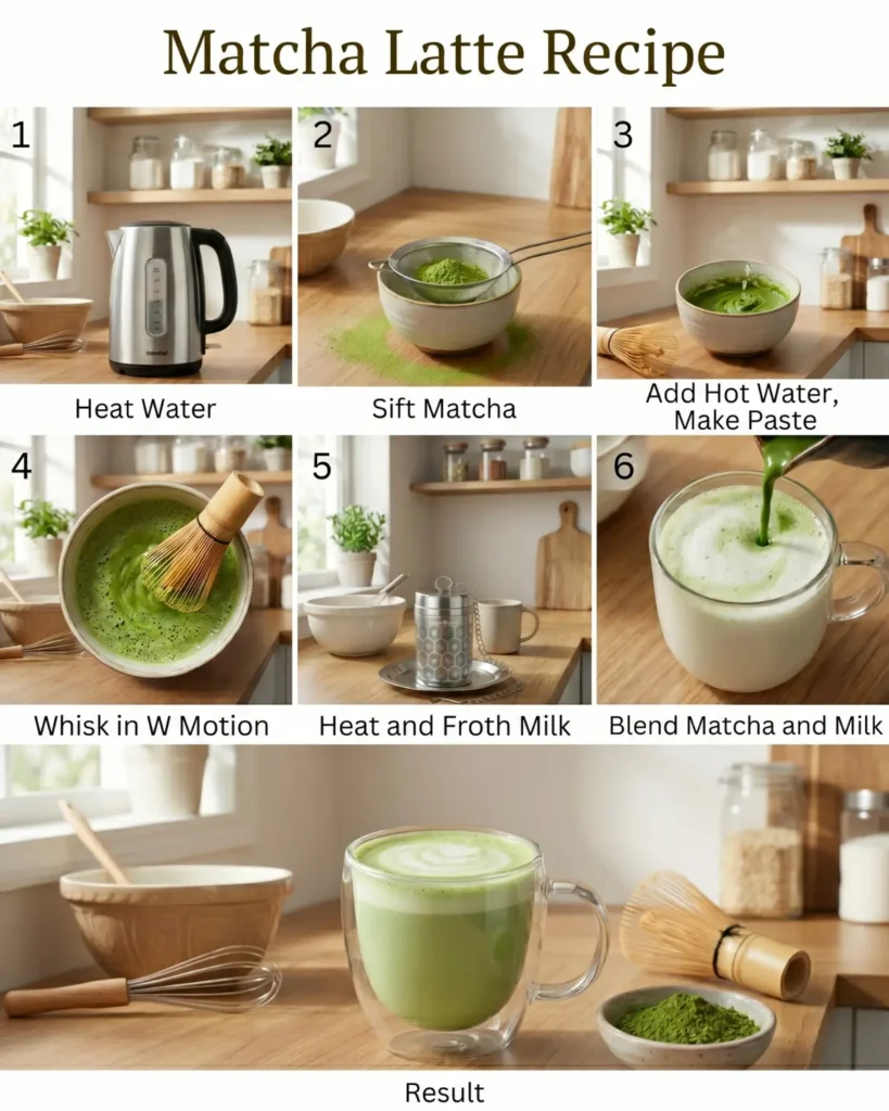 Step by step preparation of green tea drink from heating water to final result