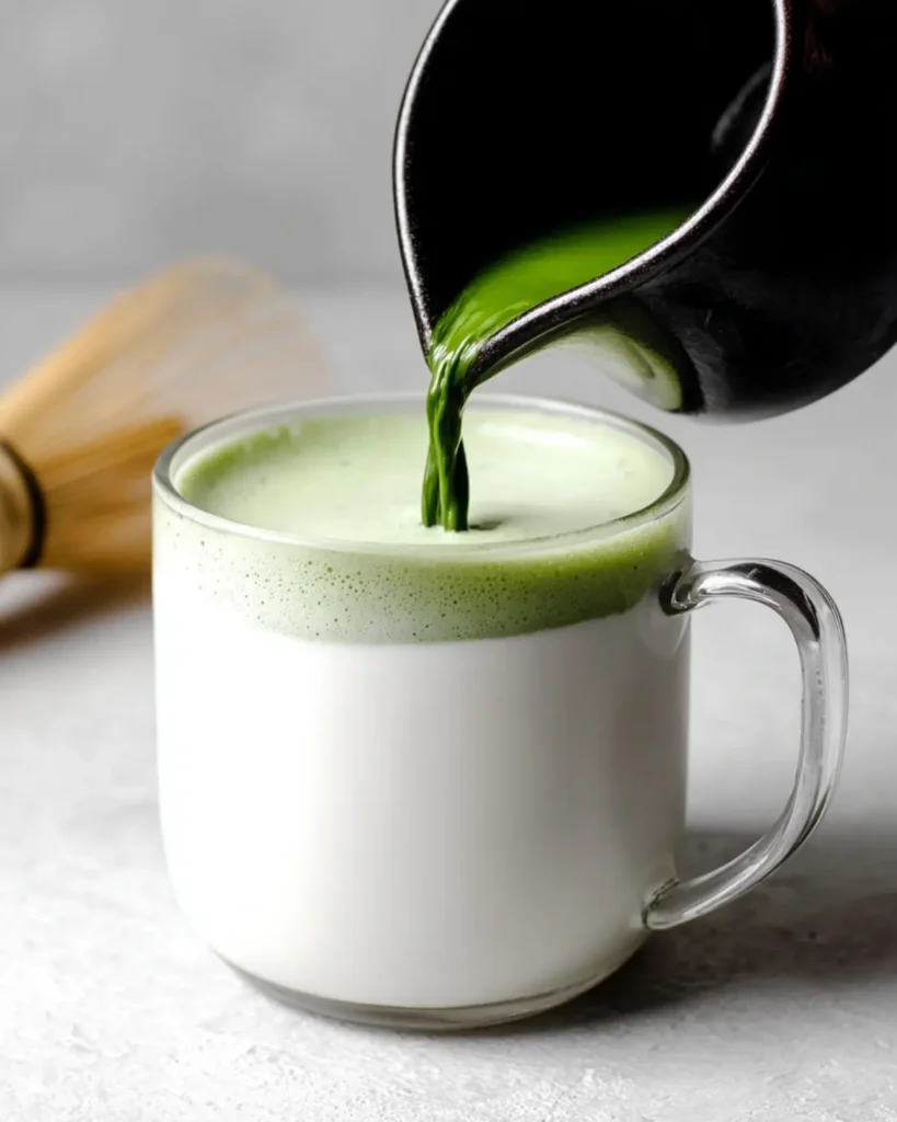 Close view of green tea mixture pouring into a glass cup with frothy top
