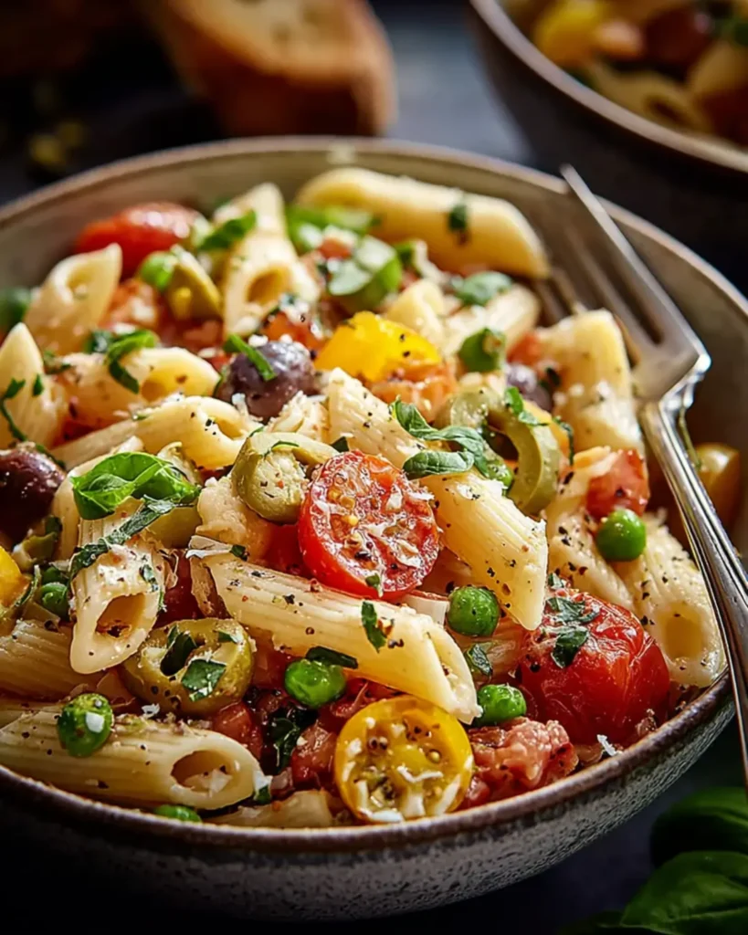 Mediterranean penne dish with tomatoes, olives, peas and herbs in a rustic bowl