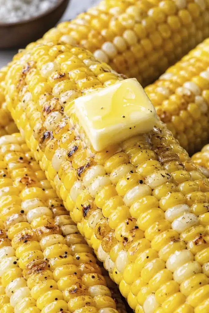 Grilled corn on the cob with melted butter and light char marks