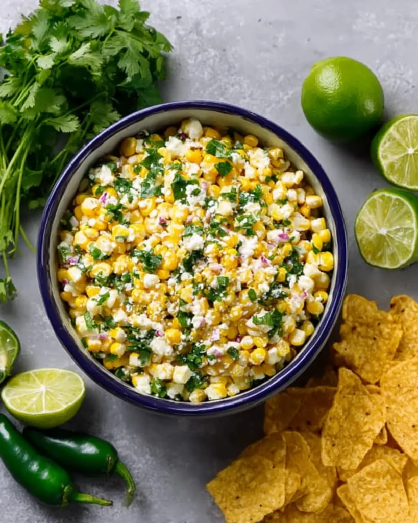 Mexican street corn salad with cotija cheese, cilantro, and lime served with tortilla chips