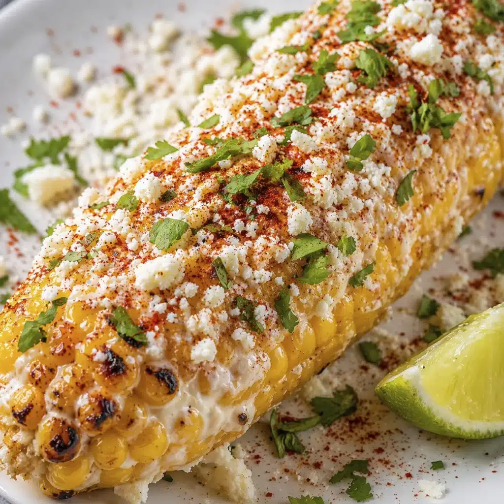 Mexican style corn on the cob with creamy sauce cotija cheese chili powder and lime