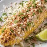 Mexican style corn on the cob with creamy sauce cotija cheese chili powder and lime