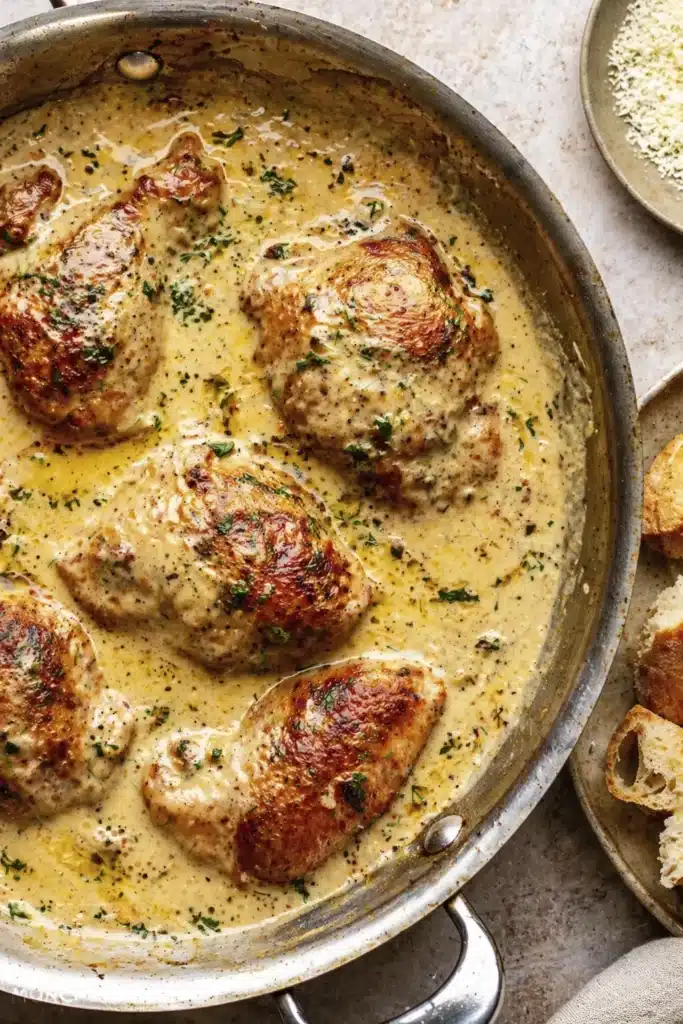 Pan of creamy chicken thighs served with crusty bread and grated cheese on the side