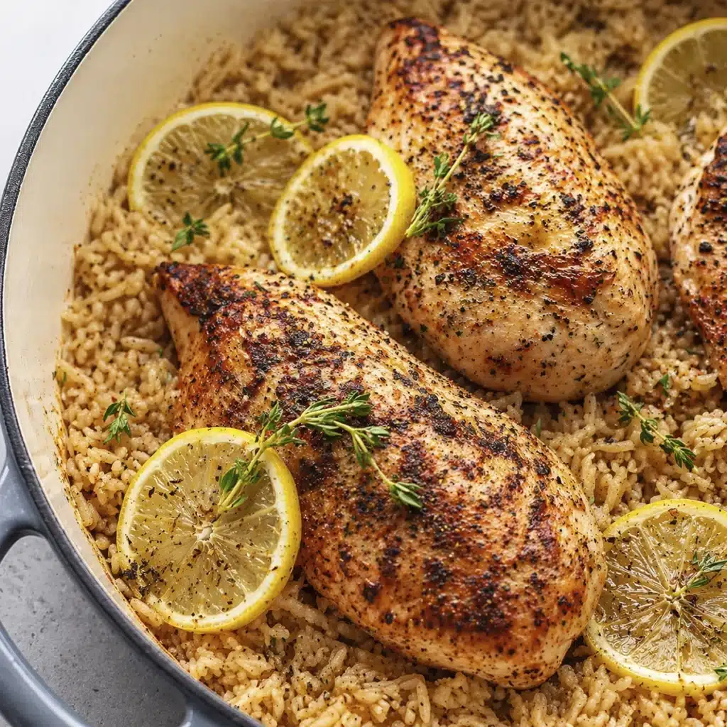 One pan lemon herb chicken and rice with three chicken breasts, seasoned rice, and lemon slices in large pot