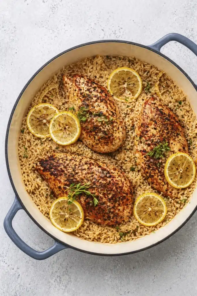 One pot lemon herb chicken and rice in skillet with golden seared chicken breasts, fluffy rice, and fresh lemon slices