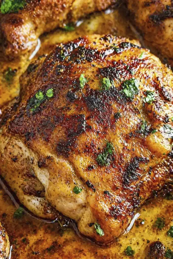 Oven Baked Chicken Thighs close up showing crispy golden skin and juicy texture