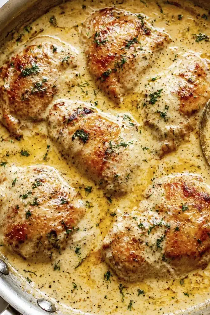Baked chicken thighs covered in creamy sauce with herbs and a serving spoon
