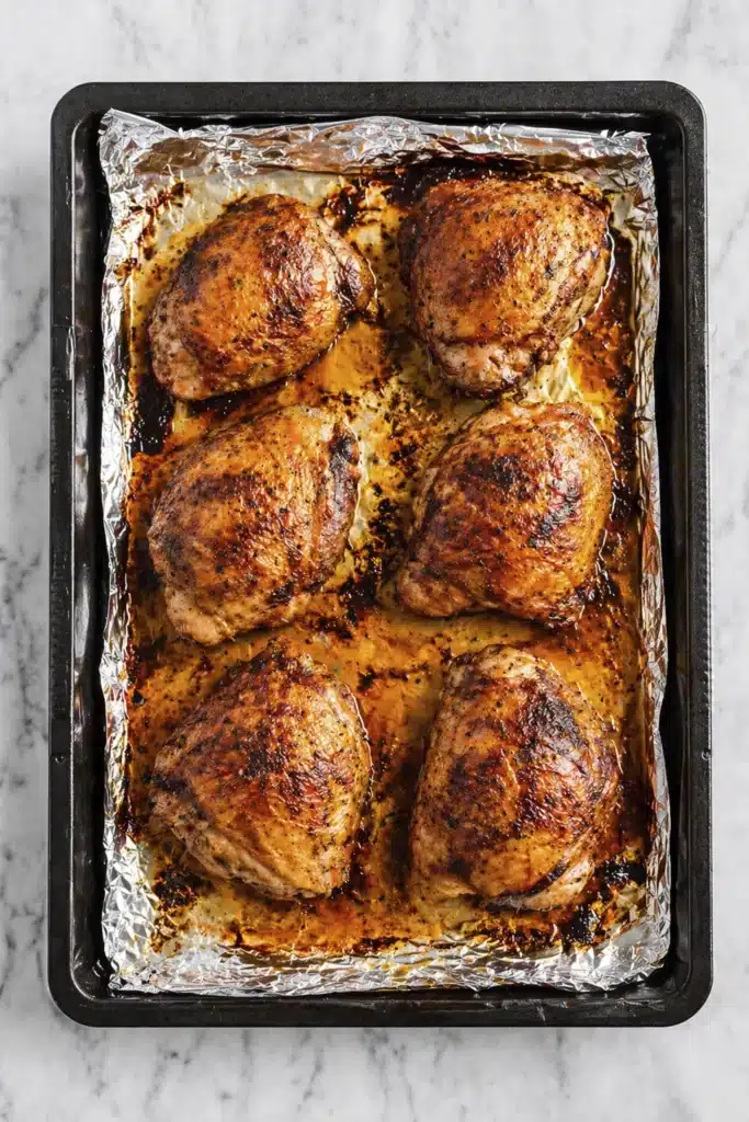 Oven Baked Chicken Thighs cooking on foil lined baking tray with crispy skin