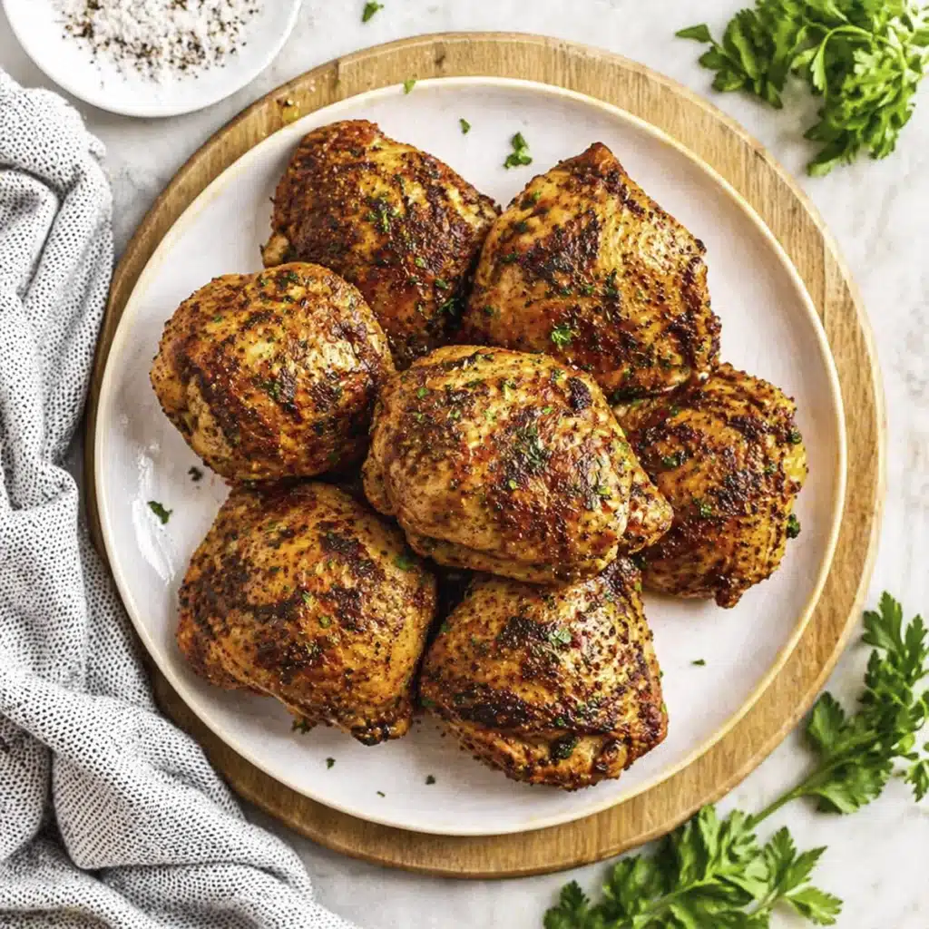 Oven Baked Chicken Thighs served on plate with herbs and crispy golden skin