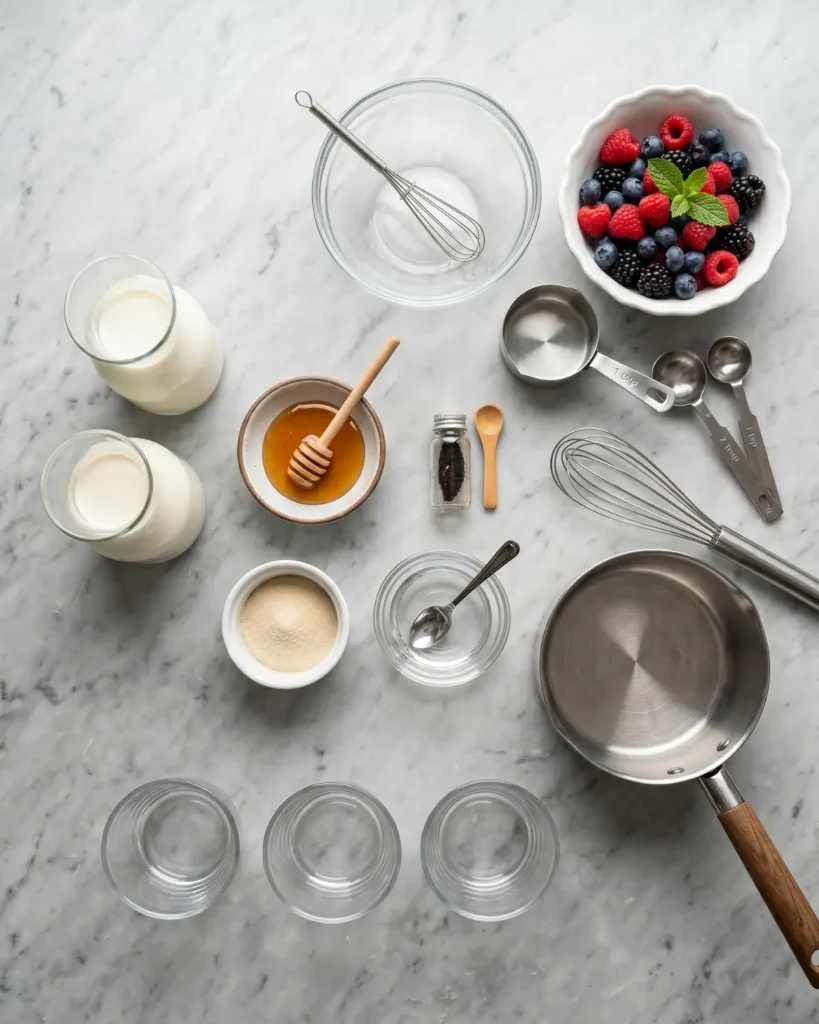 Ingredients and tools arranged on a marble surface for making a light panna cotta dessert
