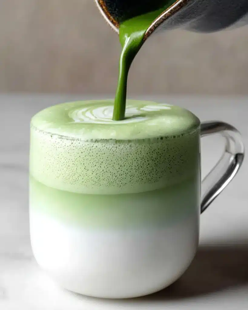 Green matcha being poured into a creamy milk foam creating a layered drink