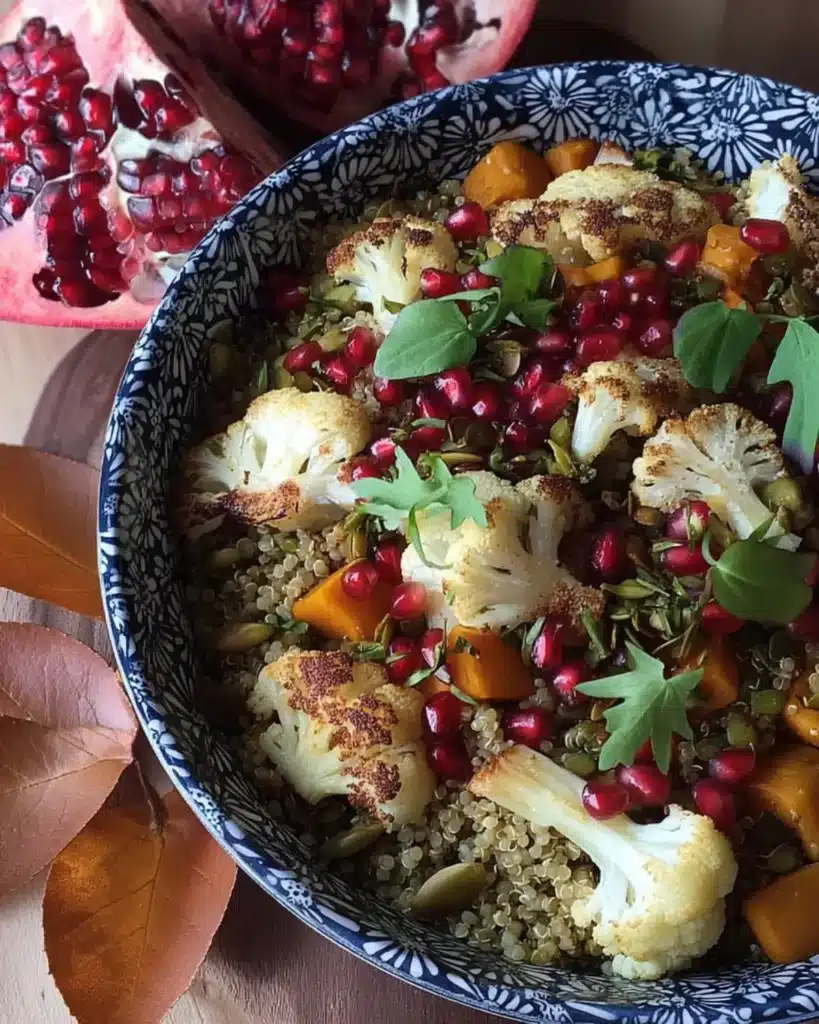 Quinoa bowl with roasted cauliflower, pumpkin, and pomegranate seeds