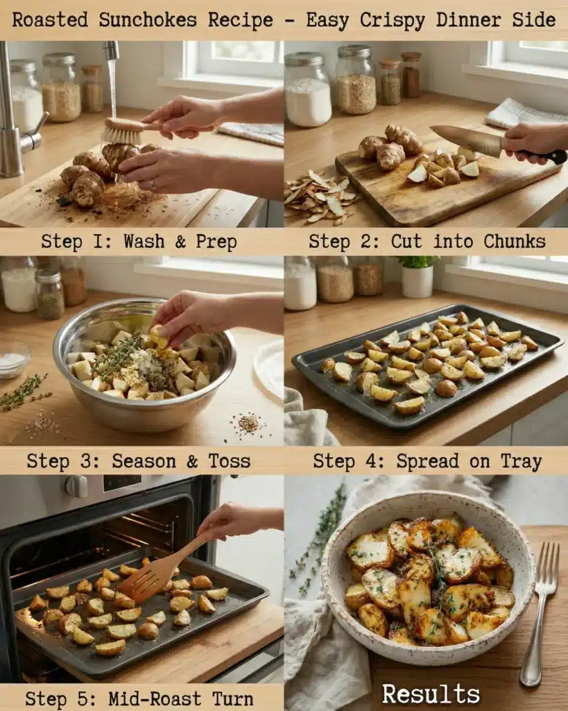 Step by step process showing how to prepare roasted sunchokes from washing and cutting to roasting in the oven
