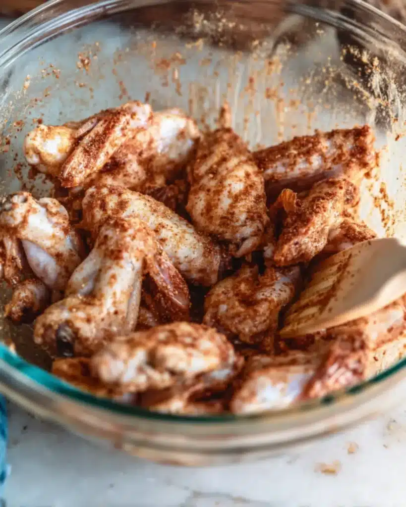 Raw chicken wings coated with spices in a glass mixing bowl