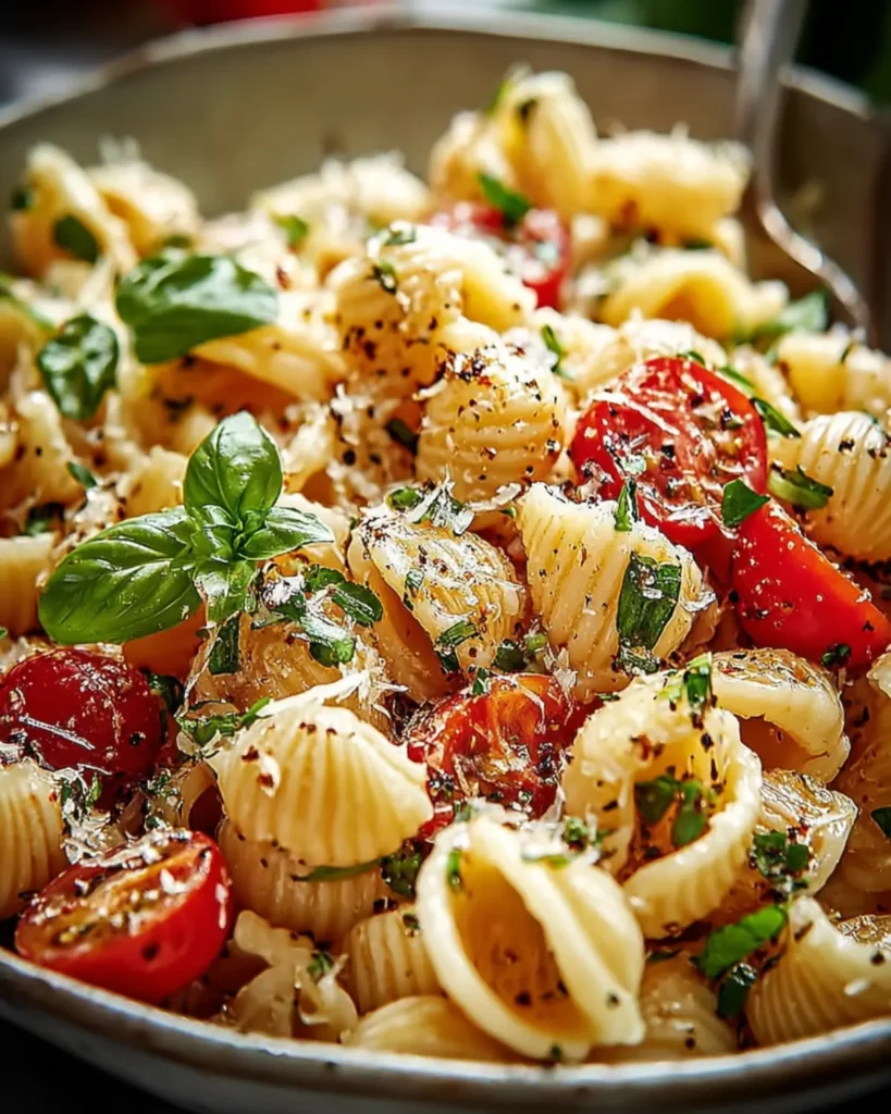 Close up of shell pasta with roasted tomatoes, herbs and grated cheese