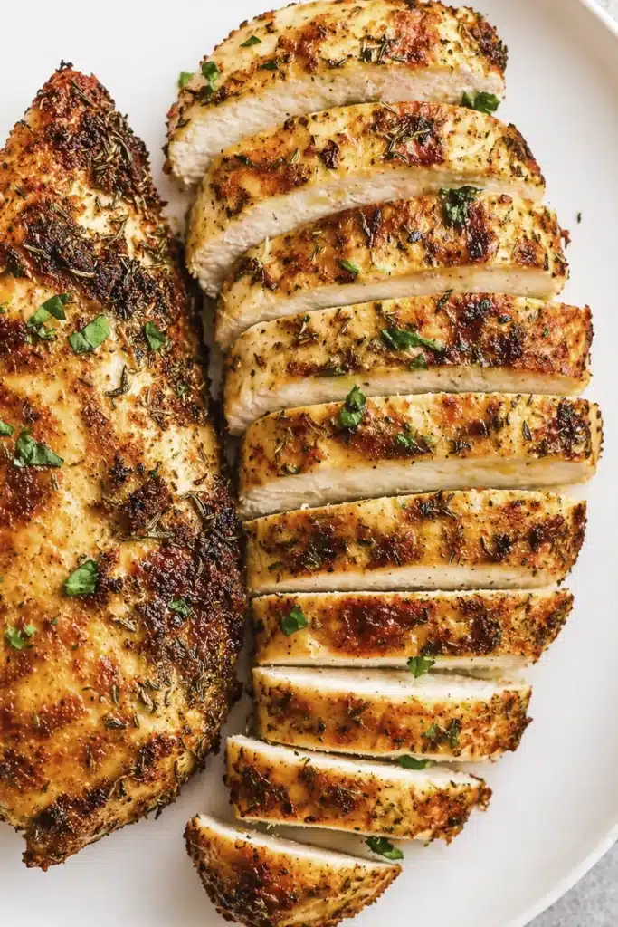 Sliced air fryer chicken breast showing juicy inside and tender texture with seasoned crust