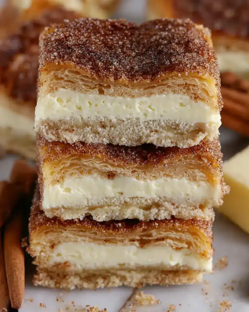 Stacked dessert bars showing flaky pastry layers and creamy cheesecake filling