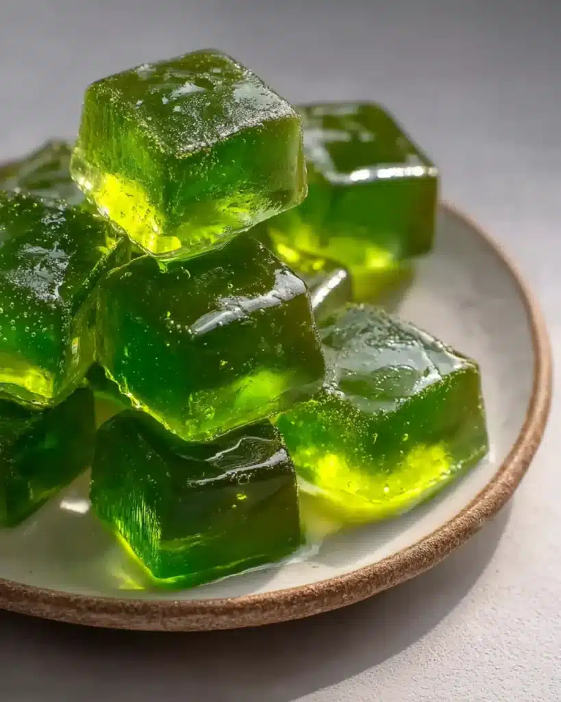 Close up of stacked green gelatin cubes with shiny surface and soft highlights