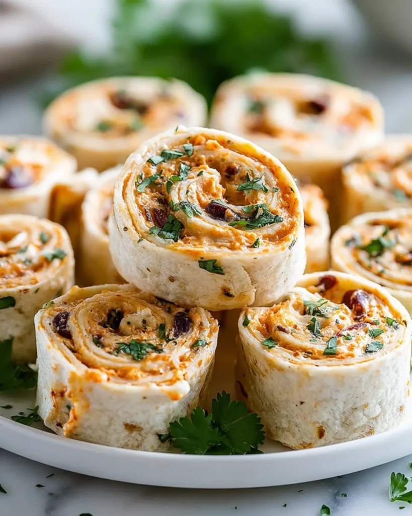 Stacked tortilla rolls with creamy filling and herbs on a serving plate
