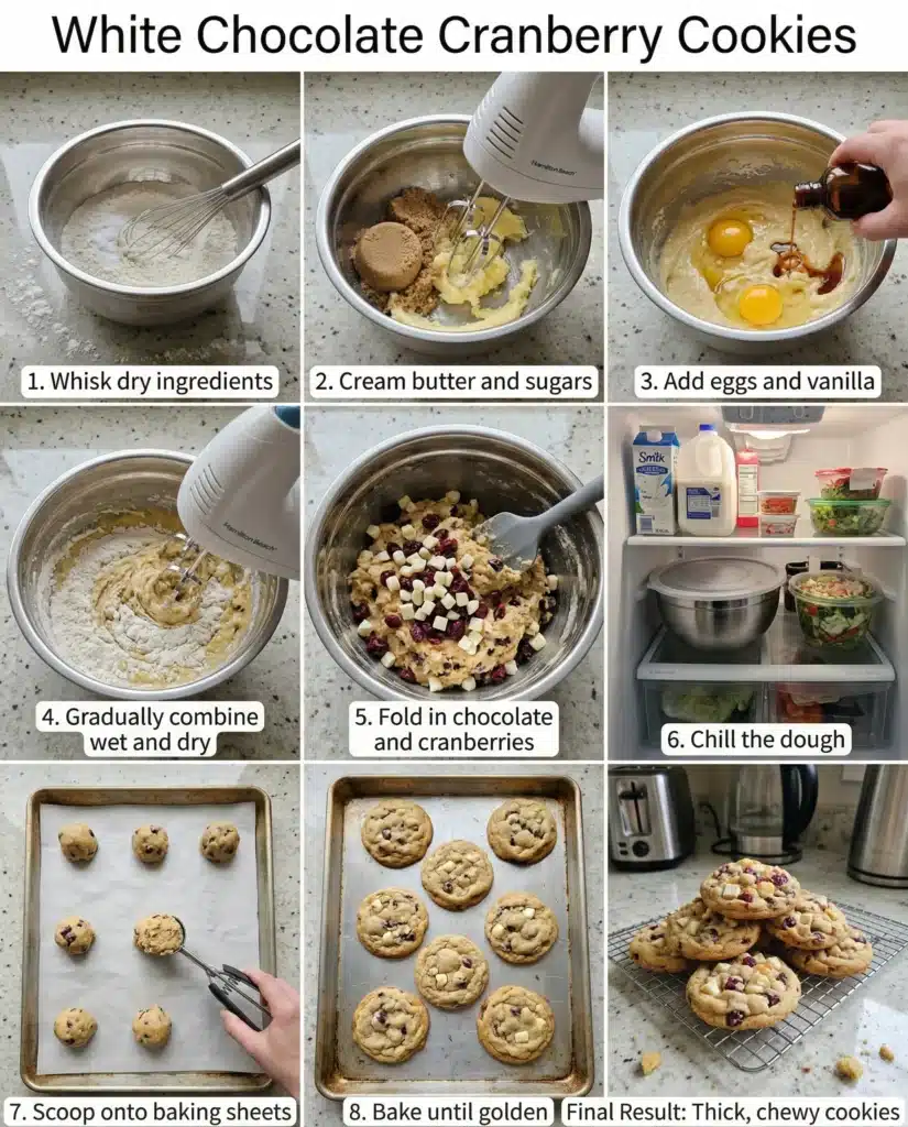 Step by step process showing how to prepare cookie dough and bake cookies at home