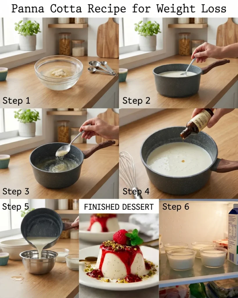 Step by step collage showing how to prepare panna cotta from mixing to chilling