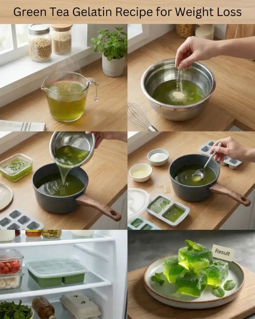 Collage showing the process of mixing gelatin with green tea and pouring into molds