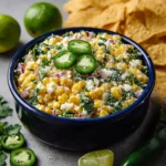 Creamy street corn salad topped with jalapeño slices served in a blue bowl with tortilla chips and lime