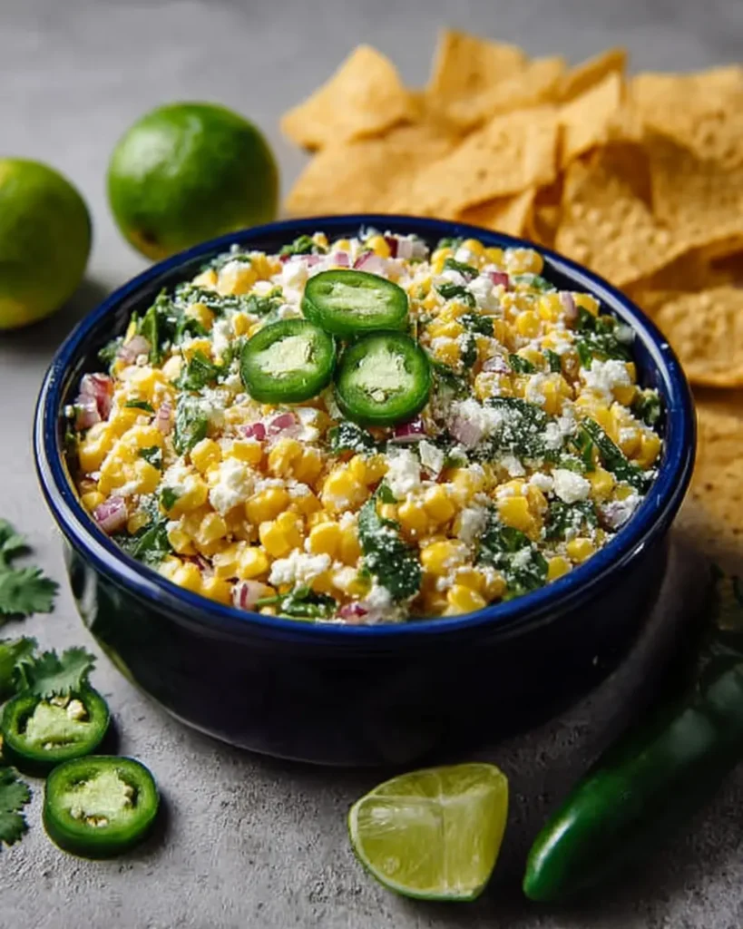 Creamy street corn salad topped with jalapeño slices served in a blue bowl with tortilla chips and lime