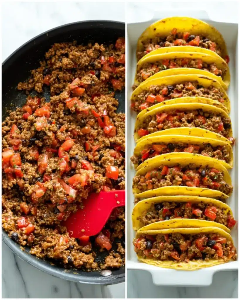 Seasoned ground beef with diced tomatoes cooking in a skillet beside neatly filled taco shells in a baking dish