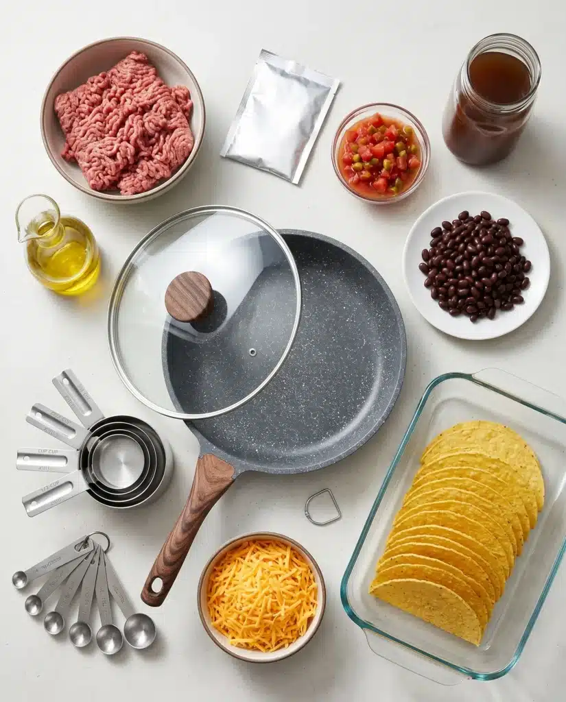 Flat lay of taco ingredients and kitchen tools including ground beef, cheese, taco shells, beans, and a skillet on a light surface
