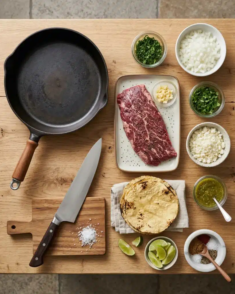 Ingredients for tacos including steak, tortillas, lime, herbs, and spices arranged on a wooden table